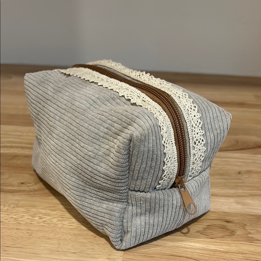 Handmade Light brown Corduroy Cosmetic Bag with Lace Trim